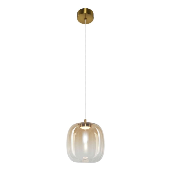 Lampa wisząca LED ze złotą podsufitką i bursztynowym kloszem