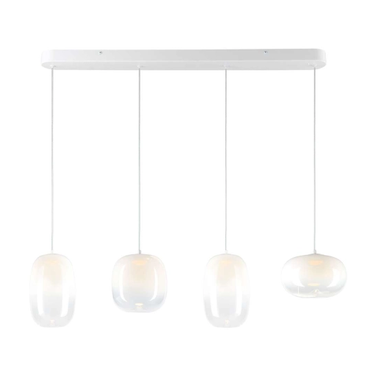 Lampa wisząca LED, cztery zwisy z kloszami w kolorze białym