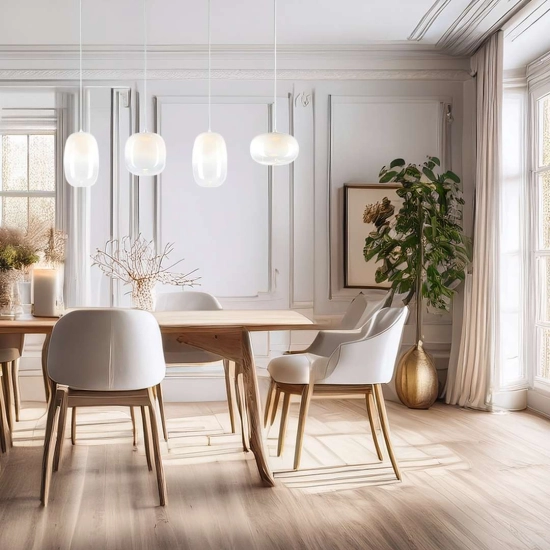 Lampa wisząca LED, cztery zwisy z kloszami w kolorze białym