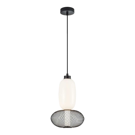 Nowoczesna lampa wisząca LED z drucianym kloszem, biało-czarna