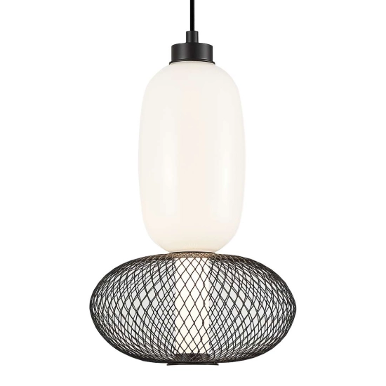 Nowoczesna lampa wisząca LED z drucianym kloszem, biało-czarna