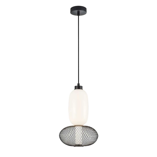 Nowoczesna lampa wisząca LED z drucianym kloszem, biało-czarna