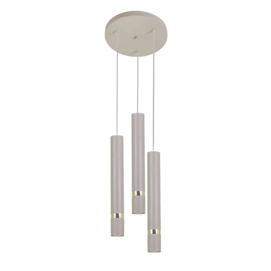 Beżowa lampa wisząca, trzy tuby zwisające z okrągłej podsufitki, GU10