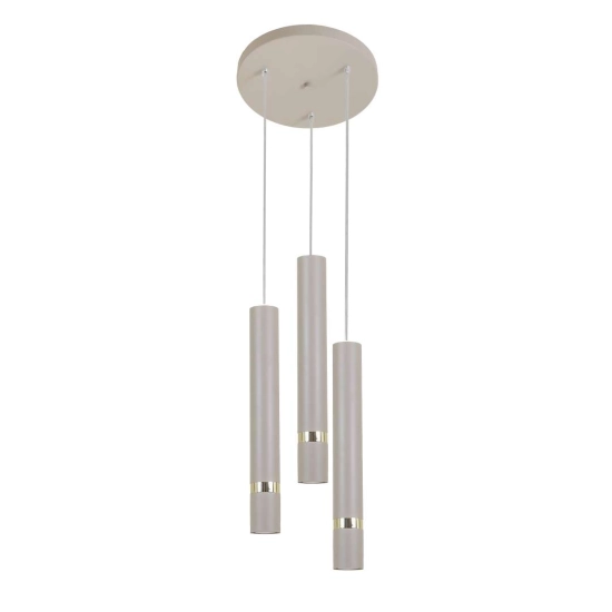 Beżowa lampa wisząca, trzy tuby zwisające z okrągłej podsufitki, GU10