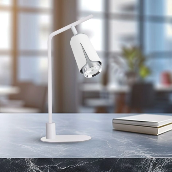 Minimalistyczna lampka biurkowa, biało-srebrny reflektor