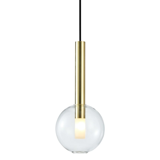 Minimalistyczna lampa wisząca w złotym kolorze, mały, kulisty klosz