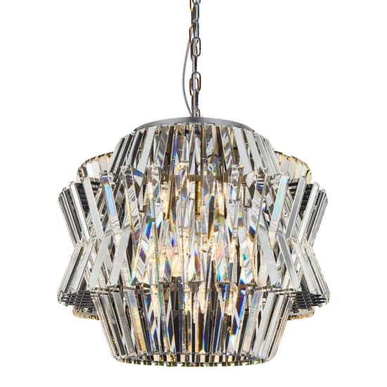 Kryształowa lampa wisząca na srebrnym łańcuchu, żyrandol glamour