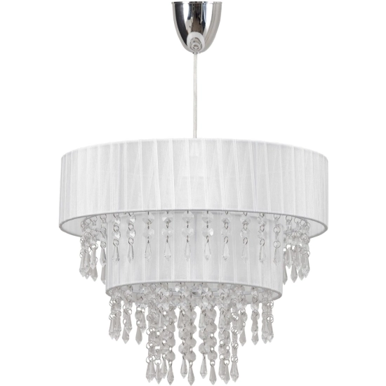Lampa wisząca z białym abażurem i kryształkami, w stylu glamour
