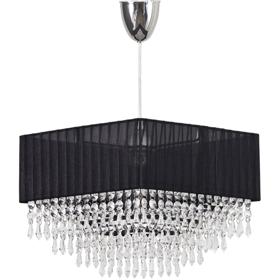 Elegancka lampa wisząca z czarnym abażurem i wiszącymi kryształkami