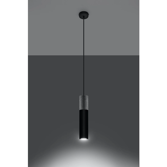 Czarno-szara, betonowa lampa wisząca, tuba, oświetlenie do jadalni