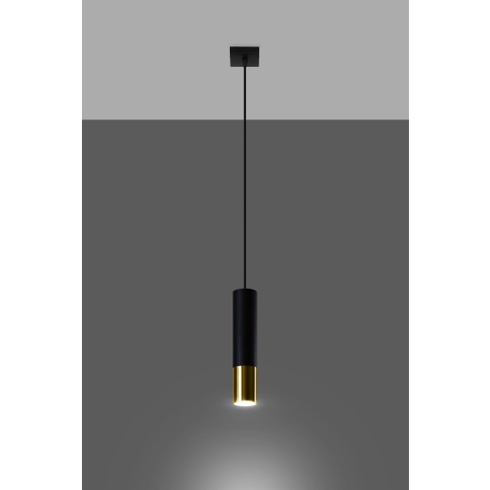 Pojedyncza, czarno-złota lampa wisząca, tuba z regulowaną wysokością