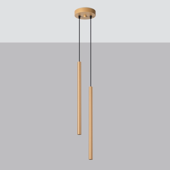 Dwupunktowa, złota lampa wisząca z minimalistycznymi tubami G9