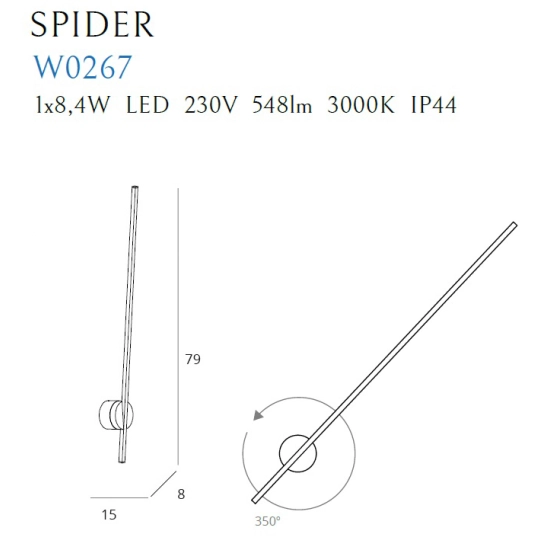 Czarna, designerska, prosta, obrotowa lampa ścienna LED 79cm 3000K