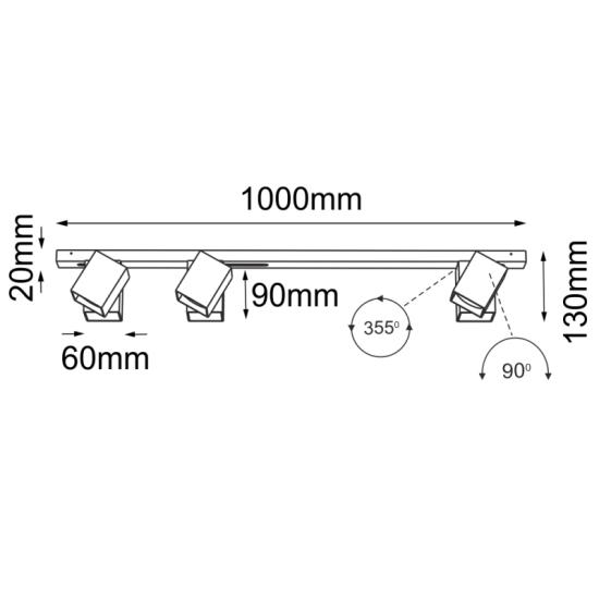 Liniowa lampa modułowa z 3 reflektorami, długość 100cm