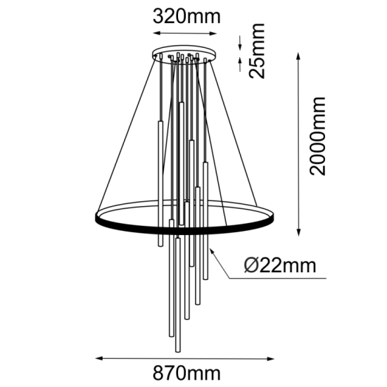 Efektowna lampa wisząca z ledową obręczą i tubami w kolorze mosiądzu 3000K