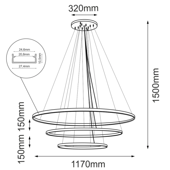 Czarne, ledowe obręcze o różnych rozmiarach ⌀117cm 3000K