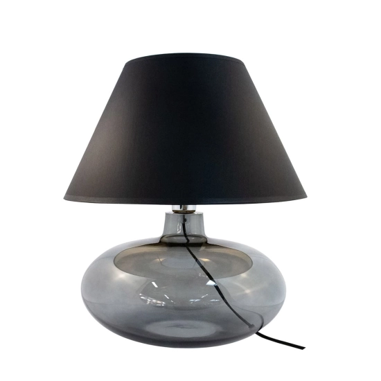 Lampka nocna w stylu glamour, ze szklaną podstawą i czarnym abażurem