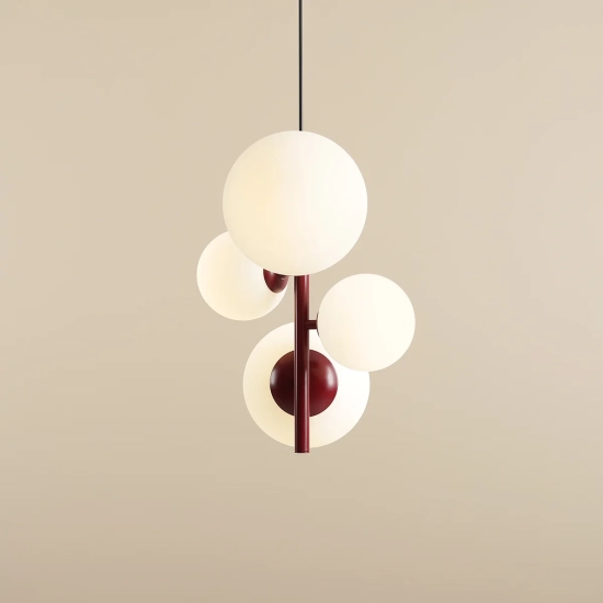 Designerska, pionowa lampa wisząca z białymi, okrągłymi kloszami