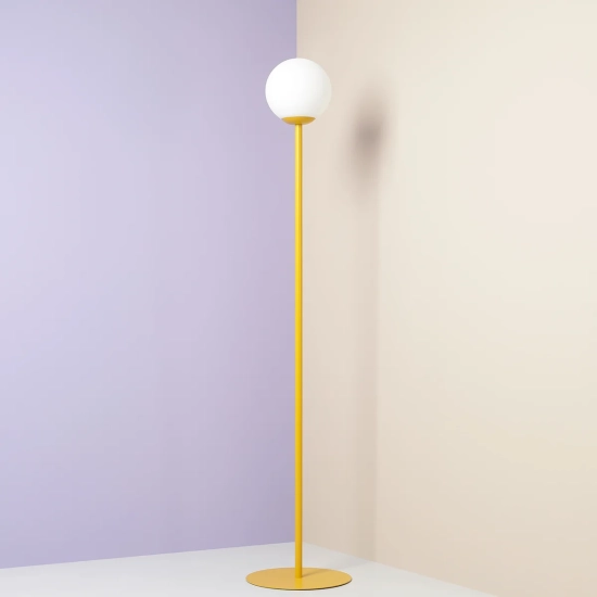 Designerska, żółta, prosta lampa podłogowa z okrągłym kloszem