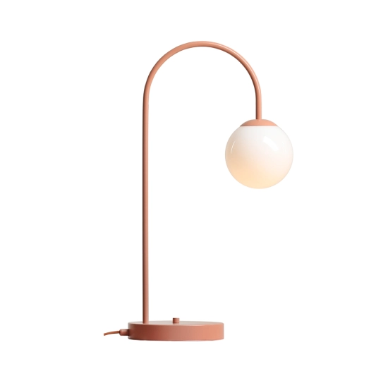 Modernistyczna lampka stołowa w kształcie łuku z białym kloszem ⌀14cm