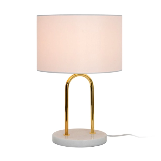 Elegancka lampka stołowa z  białym abażurem na złotym ramieniu