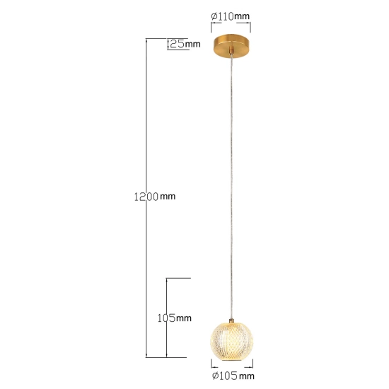 Złota lampa wisząca z jednym, kryształowym kloszem ze światłem LED