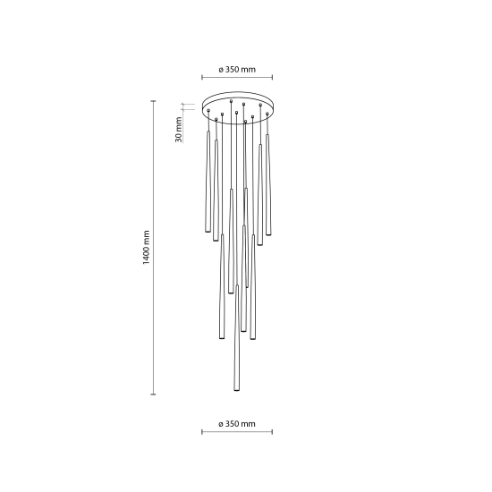 Lampa wisząca na okrągłej podstawie, kaskada czarnych tub