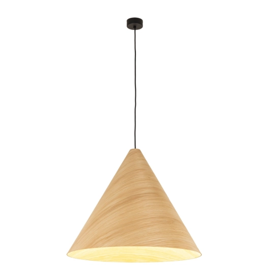 Lampa wisząca z jasnego drewna do sypialni, stożek, boho