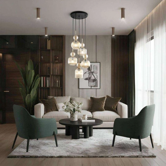 Lampa wisząca z pięcioma zwisami, eleganckie ryflowane klosze