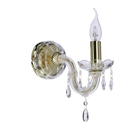 Złota lampa ścienna jednoramienna, elegancki świecznik z kryształkami