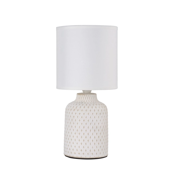 Biała lampa stołowa z ceramiczną podstawą i abażurem, do sypialni