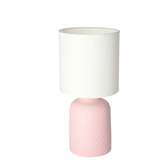Stylowa lampka stołowa z różową, ceramiczną podstawką i białym abażurem