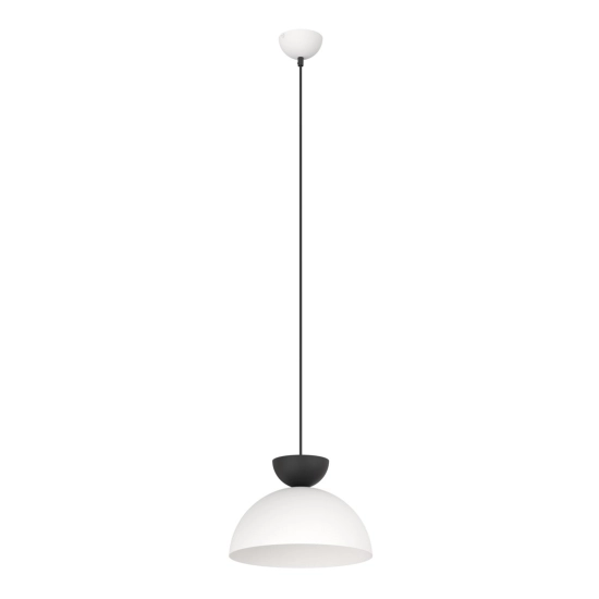 Biała lampa wisząca z czarnym detalem, półkulista oprawa
