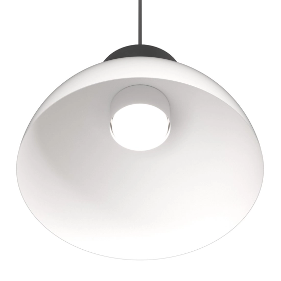 Biała lampa wisząca z czarnym detalem, półkulista oprawa