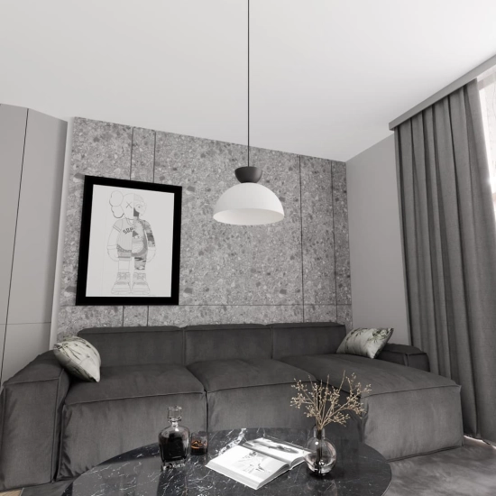 Biała lampa wisząca z czarnym detalem, półkulista oprawa