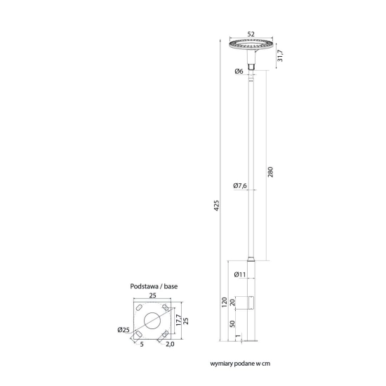 Lampa ogrodowa o wysokości 425 cm z głowicą w kształcie obręczy | STER MAX