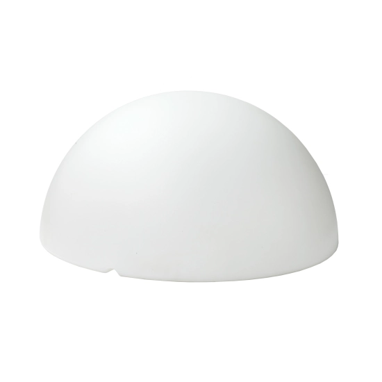 Biała, zewnętrzna lampa stojąca, w kształcie półokręgu, na jedną żarówkę