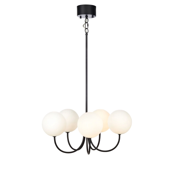 Nowoczesny, pięcioramienny żyrandol z białymi, okrągłymi kloszami