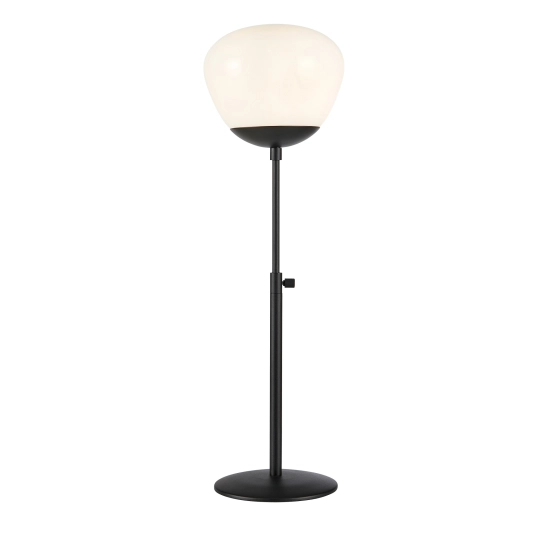 Designerska, czarna lampka stołowa z mlecznym kloszem, idealna do salonu