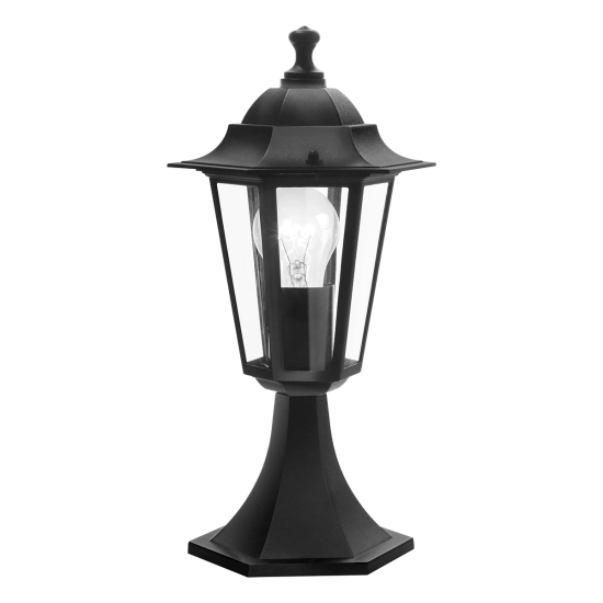 Czarna, klasyczna, niska lampa ogrodowa stojąca, zewnętrzna latarenka