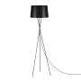 Dekoracyjna lampa podłogowa z klasycznym, czarnym abażurem na skrzyżowanych nogach