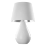 Lampka nocna z białą podstawą i abażurem w kształcie ściętego stożka