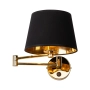 Złoty kinkiet z czarnym abażurem, lampa ścienna na wysięgniku