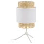 Biała lampka stołowa z nietuzinkowym abażurem, do salonu, w stylu boho