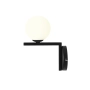 Minimalistyczna, czarna lampa ścienna, proste ramię z białym kloszem