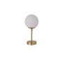 Stylowa, złota, minimalistyczna lampka stołowa z okrągłym, mlecznym kloszem