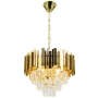 Złota, kryształowa lampa wisząca do salonu w stylu glamour